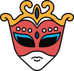 A red and yellow mask with a gold crown on top