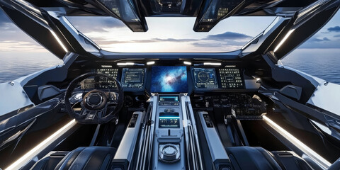 A futuristic spaceship interior with sleek metallic walls, glowing control panels, and a large observation window showing a distant galaxy. The advanced design captures the essence of space