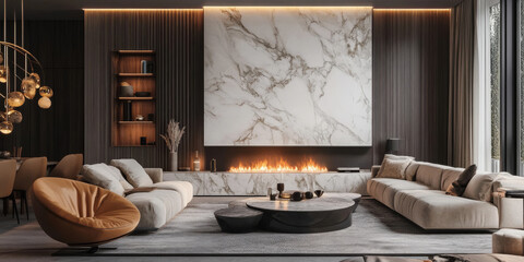 A luxurious living room with a marble fireplace, plush furniture, and elegant decor. The warm lighting and refined design create a cozy yet sophisticated ambiance.