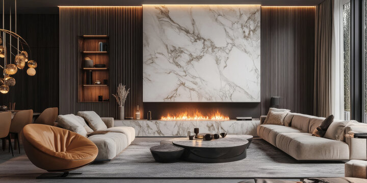 A luxurious living room with a marble fireplace, plush furniture, and elegant decor. The warm lighting and refined design create a cozy yet sophisticated ambiance.