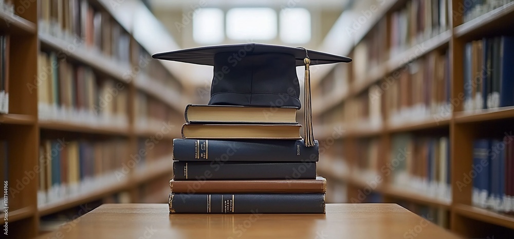 Poster a graduation cap rests atop stacked books in a library setting.