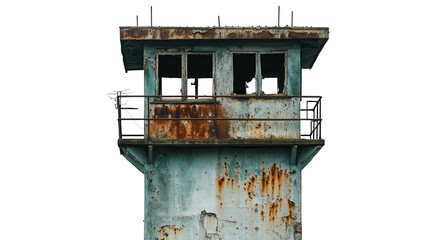 weathered watchtower with rust and peeling paint, showcasing decay