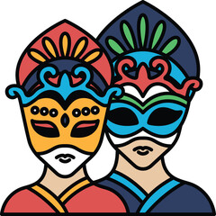 Two people wearing masks with colorful designs