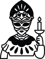 A black and white mask with a candle in its hand