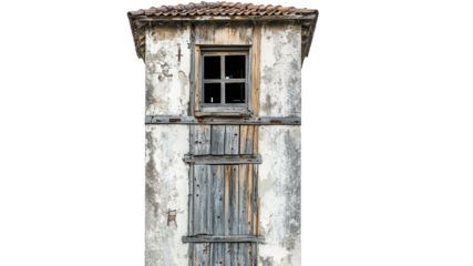 Old wooden building with weathered walls and broken window