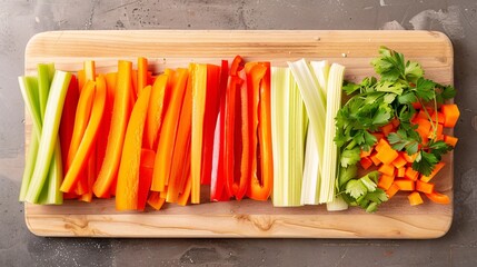 Pre-cut and prepared fresh vegetables arranged neatly on a wooden cutting board