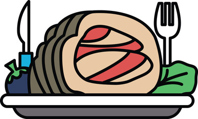 A cartoon drawing of a meatloaf with a fork and knife on a white plate