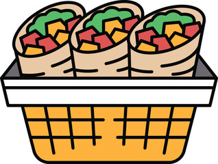Three burritos with vegetables in a basket