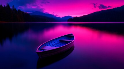 Tranquil Boat on Serene Lake at Sunset