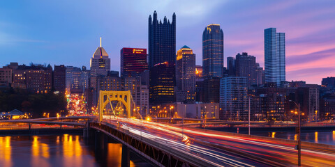 Obraz premium A modern cityscape at dusk, with skyscrapers reflecting the warm colors of the sunset. The foreground includes a busy bridge, and the scene captures the energy of urban life.