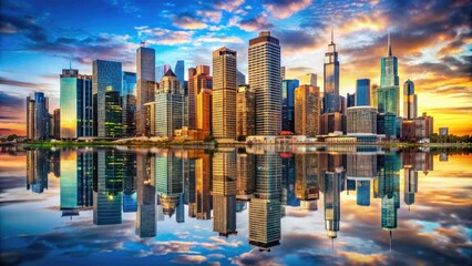Fototapeta premium A vibrant cityscape showcasing modern skyscrapers, reflected in water at night. This artistic, aerial view highlights urban aesthetics and dynamic contemporary architecture in bold colors.