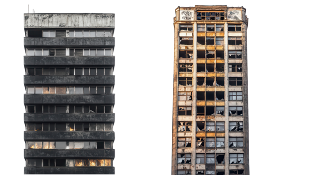 Abandoned buildings with graffiti and broken windows, showcasing urban decay