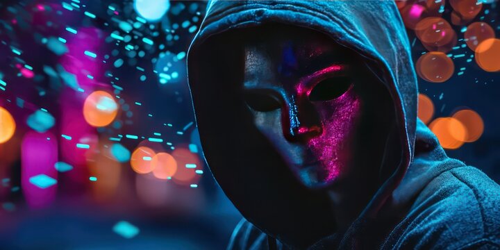 A mysterious anonymous hacker depicted with a mask and hood, surrounded by digital elements that signify their secretive operations and anonymity.