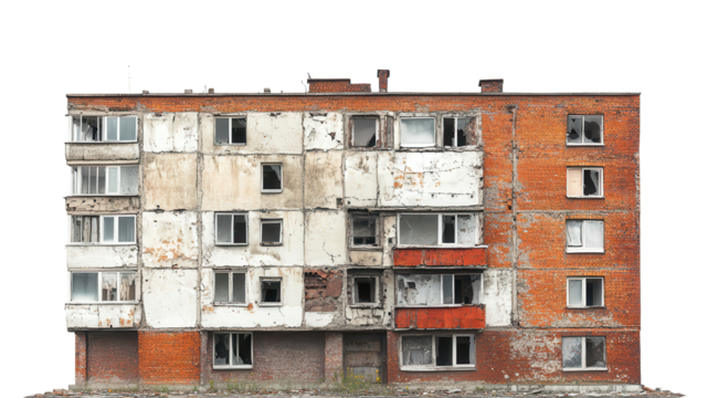 Abandoned building with peeling paint and broken windows, showcasing decay