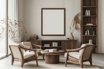 Fototapeta premium A simple wooden shelf with books and an empty poster frame on the wall, creating a minimalist Scandinavian interior design in light colors. The room has large windows and natural lighting
