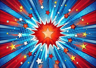 A vibrant explosion of red and blue bursts forth, illuminating the night sky. Stars twinkle amidst dazzling fireworks, capturing the excitement of the Fourth of July celebration.