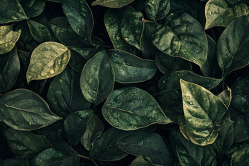 Textured rain-washed leaves, glossy green surfaces with visible droplets under soft light, fresh and detailed