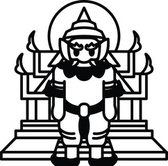 A cartoonish monster stands in front of a building with trim