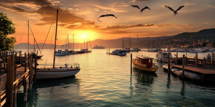 A lively marina with sailboats docked at wooden piers, seagulls flying overhead, and a vibrant sunset casting golden light on the water. The setting is energetic and picturesque.