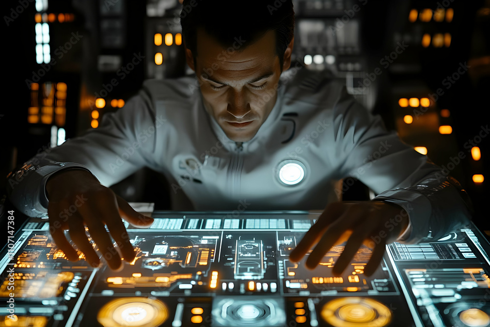 Poster A focused individual interacts with a futuristic control panel, surrounded by high-tech displays.