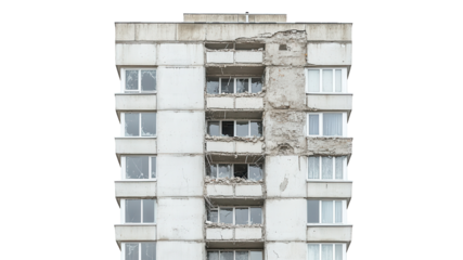 Damaged building facade with exposed concrete and broken windows