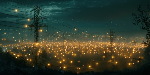 A night view of an energy grid with illuminated power lines stretching across the landscape.