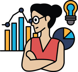 A woman in a red shirt is looking at a graph