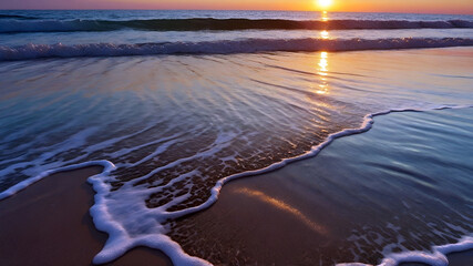 Beautiful summer sunset over the sea. Ocean waves, sandy coast and sunset. Summer holidays scene.