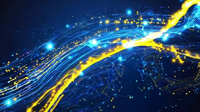 Abstract digital data stream flowing through a blue and yellow digital space