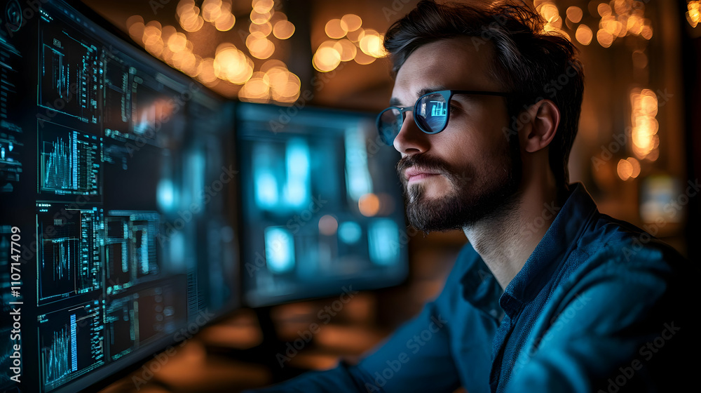 Poster A focused individual analyzes data on multiple screens in a dimly lit environment.