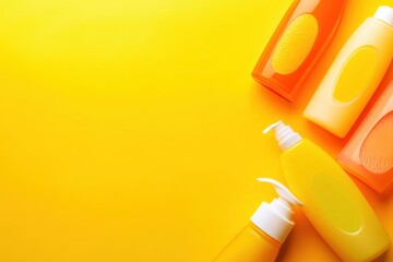 Colorful bottles of liquid soap arranged on a vibrant yellow background