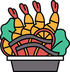 A cartoonish drawing of a bowl of food with shrimp, lettuce, and an orange
