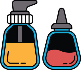 Two bottles of liquid, one orange and one red, with a blue cap