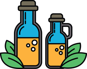 Two bottles of liquid with a green leaf in front of them
