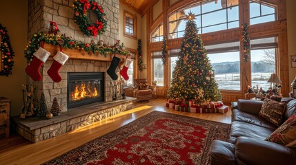 Fototapeta premium Cozy holiday living room with decorated Christmas tree, fireplace adorned with stockings, and warm rustic wooden interior in a serene winter landscape