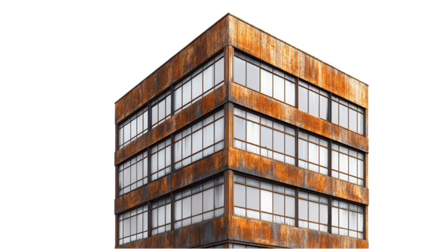Rusty industrial building with large windows and modern design