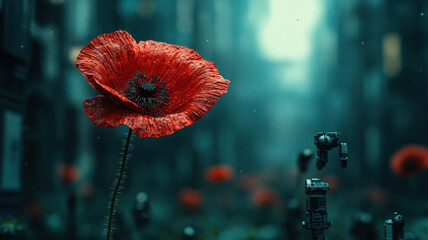 A rusted metal poppy flower stands out against a backdrop of robotic flowers, all captured in a striking cyberpunk style with neon lights and futuristic elements.