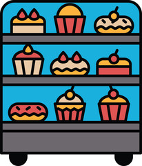 A cartoon image of a bakery display case with a variety of cakes and cupcakes