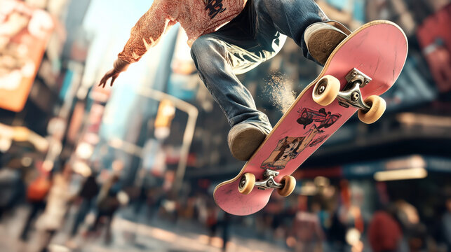 Close-up of a skateboarder performing a trick with a pink skateboard in an urban setting, showcasing dynamic motion with a blurred city background and pedestrians.