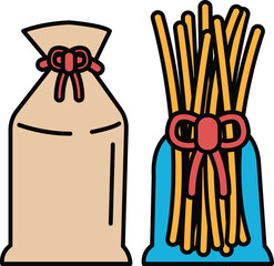 Two bags of food, one of which is a bag of pasta