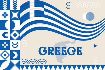 Greece banner with cultural design. Independence day design for Greece celebration. Modern neo geometric retro design with flag, map and abstract icons. Blue and White. Vector Illustration