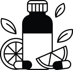 A bottle of medicine is surrounded by a few pills and a slice of orange