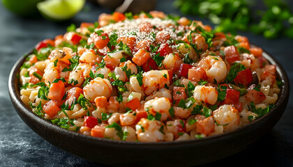 Creamy shrimp pasta with red bell peppers and parsley in a dark bowl.