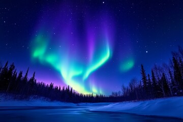 Naklejka premium Stunning Aurora Borealis Over Frosty River