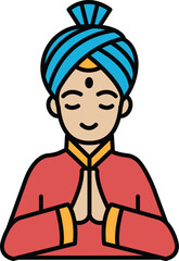 A man in a red and blue outfit is praying
