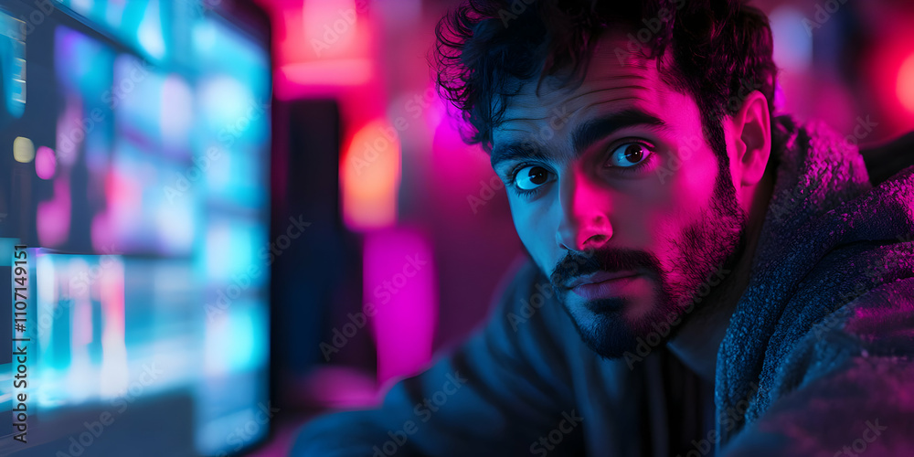 Poster A man with curly hair gazes intently at a computer screen in a colorful, illuminated setting.