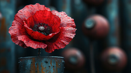A rusted metal poppy flower stands out against a backdrop of robotic flowers, all captured in a striking cyberpunk style with neon lights and futuristic elements.