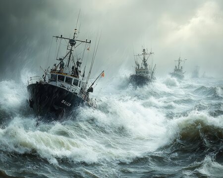 Bering Sea fishing fleet working in rough seas, dramatic waves, and overcast lighting