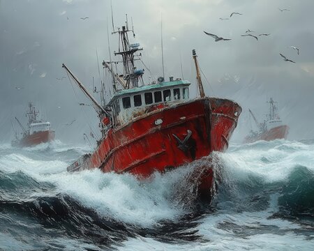 Bering Sea fishing fleet working in rough seas, dramatic waves, and overcast lighting