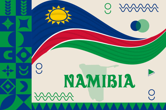 Namibia banner with cultural design. Independence day design for Namibia celebration. Modern neo geometric retro design with flag, map and abstract icons. Blue and Green. Vector Illustration